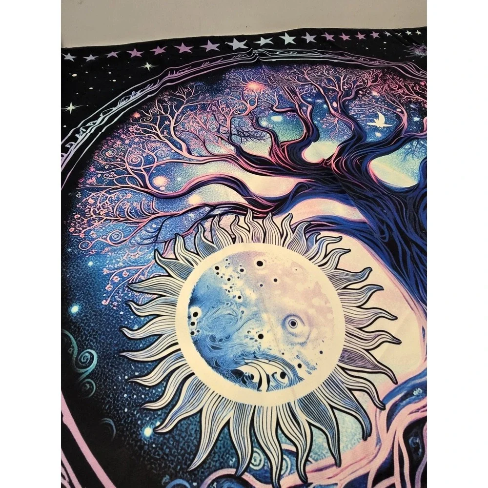 NEW Blacklight Tree of Life Trippy Sun and Moon Wall Tapestry Uv Reactive 60x39